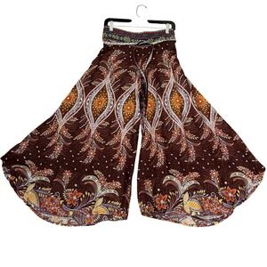 Bohemian Floral Batik Wide Leg Palazzo Pants Cotton Festival L Tribal Hippie